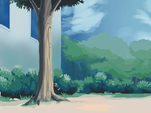 A scene outside behind a school. A sandy clearing in the foreground with a tree, some scrubs and woods in the background and a blue sky with clouds.