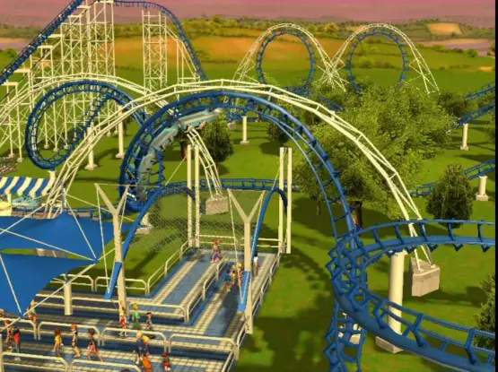 An Arrow corkscrew coaster made in RollerCoaster Tycoon 3, with modded scenery to give it a slightly more real-life accurate support structure. Canopies and a safety net adorn the ride's queue line, and the ride is surrounded by oak trees.
