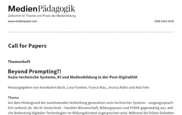 Screenshot des Call for Papers "Beyond Prompting?! ..." der Zeitschrift MedienPägogik von https://www.medienpaed.com/announcement/view/38
