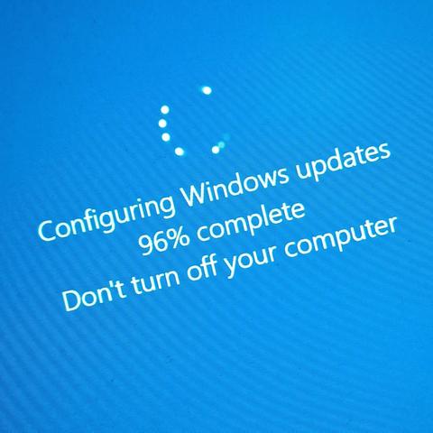 Just a photo of my monitor during installation of updates for windows 10, for illustration purposes.

There is some white text tilted slightly counter clock wise on a blue background. It's saying "Configuring Windows updates. 96% complete. Don't turn off your computer"

Also, not related to the image; You just lost #TheGame!
Sorry about that! (Well, not really...) 
But have a nice weekend anyways! 😁