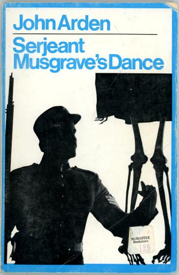 John Arden Serjeant Musgrave's Dance
Monochrome photo, white background - a man in military uniform, to his right legs of a human skeleton hang down.