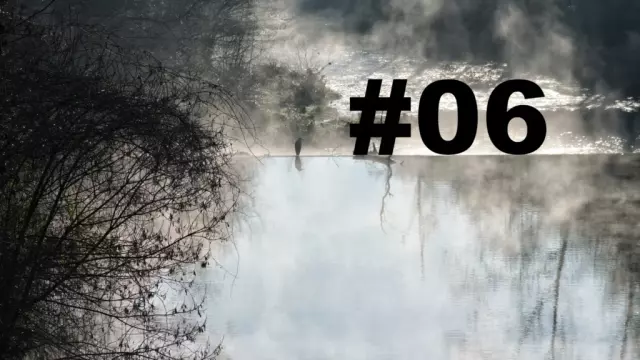 Un oiseau posé sur le bord d'une petite cascade sur un cours d'eau. Un arbre sur la gauche. Au-dessus de l'eau, des brumes de vapeurs. L'eau au premier plan semble sans mouvement, tandis qu'après la cascade le cours d'eau se transforme en torrent. Sur la droite le numéro de la chronique précédé d'un dièse.