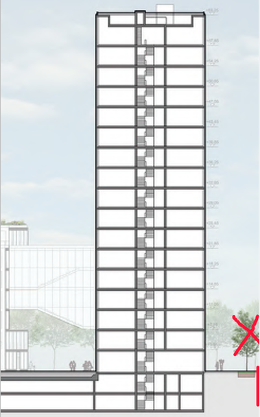 Schnitt durch das 17-geschossige Hochhaus mit zwei darinter liegenden Tiefgaragen-Ebenen, die über die Haus-Grundfläche hinausgehen
