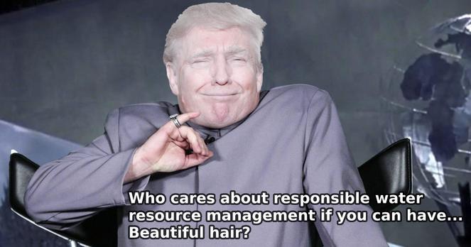 Meme of Dr Evil having the small finger (Austin Power) with Trump face

"Who cares about responsible water resource management if you can have... Beautiful hair?"