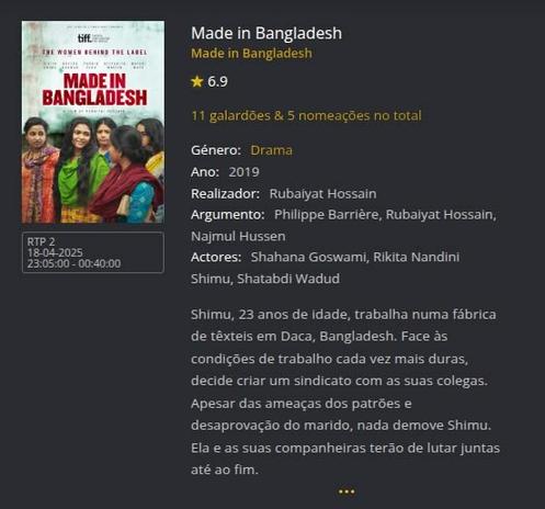 Cartaz e sinopse do filme 'Made in Bangladesh' (2019) de Rubaiyat Hossain, que vai passar na RTP2.