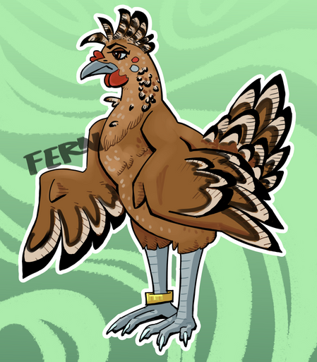 A digital drawing of a chicken (which is somewhere between feral and anthro, but more towards feral) facing to the left. She has mostly brown feathers with some black-and-white stripes on the top of her head, wings, and tail feathers. She has a light-gray beak and legs, and is wearing a golden band on one leg.