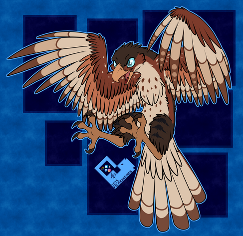 A stylized red tailed hawk. His wings are open and his feet and talons are extended. His beak is also open. He has blue eyes. He is facing left. He is on a blue background with darker blue squares.