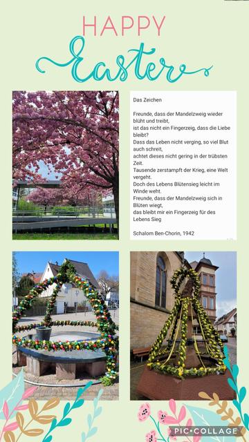 Collage mit 4 Bildern, 2 Osterbrunnen, ein blühender Strauch und das Gedicht
