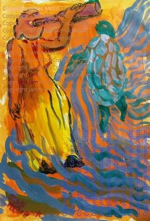 I Drink and Dream of Dancing Turtle.
Painting in acrylic of a woman dressed in a long dress of orange and yellow, she dreams of blue water around her as she watches a dancing turtle.