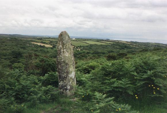 Carfury Menhir in Madron parish, West Penwith, Cornwall. This prehistoric standing stone is about 3m or nearly 10ft tall and is surrounded by ferns and lush dark green vegetationwith a few small yellow flowers to the lower right. Another menhir is close by, but lies prostrate. Mount's Bay with St Michael's Mount can be seen in the distance. The hills beyond curve down gracefully towards the sea. The sky is pale blue and cloudy.