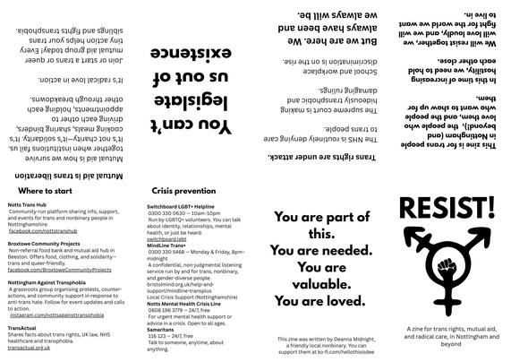A flat copy of a zine called "RESIST!", which is about resisting transphobia and mutual aid. It is specific to nottingham, and contains information about local mutual aid groups and local/national crisi prevention groups. 
If you'd like a screen readable copy (it is too big for alt text) I will happily send you one.