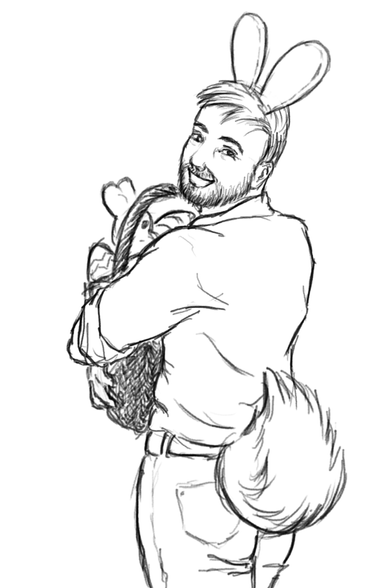 Digital drawing in black and white, pencil style.
It shows a slim white young man from the back, cut at thigh level and he's turning his head over his left shoulder to look at us. He has a big smile on his face.
He's holding a wicker basket in his arms and you can see eggs and  a rabbit (not a real one, supposedly in chocolate) in it.
He's wearing a shirt and jeans.
He also has a pair of big bunny ears on his head and a big fluffy bunny tail on his butt.
