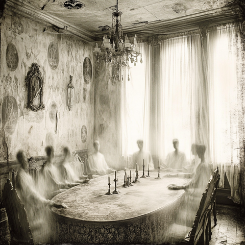 Murmures d’Outre-Tombe.
Photographie ancienne d’une séance spirite victorienne, où des silhouettes fantomatiques flottent autour d’une table baignée de lumière spectrale.
Vintage photograph of a Victorian séance, with ghostly figures hovering around a table bathed in spectral light.