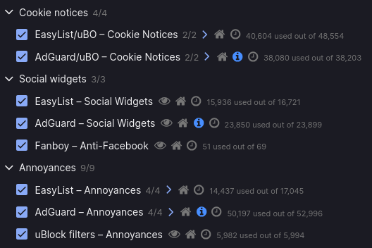 Screenshot from the uBlock Origin settings "Filter list" tab showing dropdowns for Cookie notices, Social widgets and Annoyances with tickboxes for additional lists