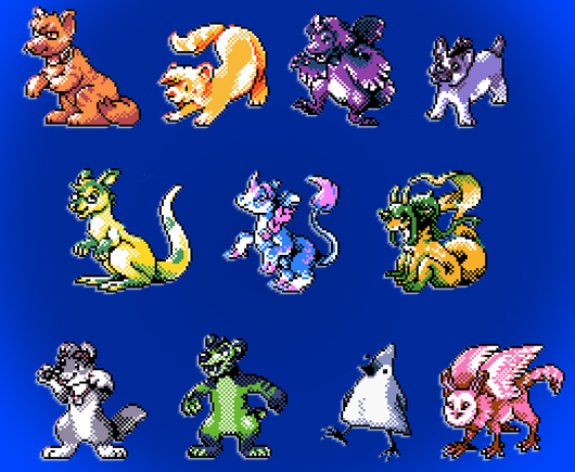 Compilation image of Pokemon Gen 2 style sprites of various furry creature characters!