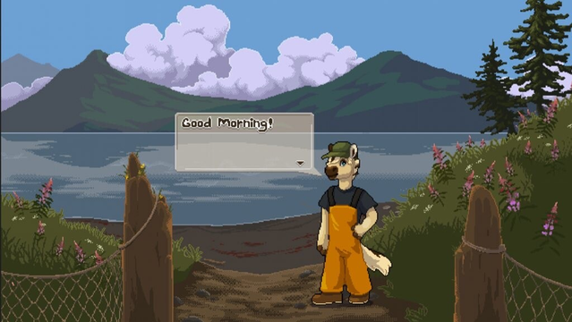 More of Jam's art - look how cute!! A lil anthropomorphic horsie sprite saying "Good Morning!" on a beautiful mountain lake background.