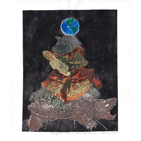 My 11” x 14” linocut print shows a stack of various endangered North American turtles supporting the Earth against the blackness of space. Turtles from North America are:
1 - Bog Turtle (Glyptemys muhlenbergii)
2 - Spotted Turtle (Clemmys guttata)
3 - Eastern Box Turtle (Terrapene carolina carolina)
4 - Diamondback Terrapin (Malaclemys terrapin) (female)
5 - Wood Turtle (Glyptemys insculpta)
6 - Alligator Snapping Turtle (Macrochelys temminckii)