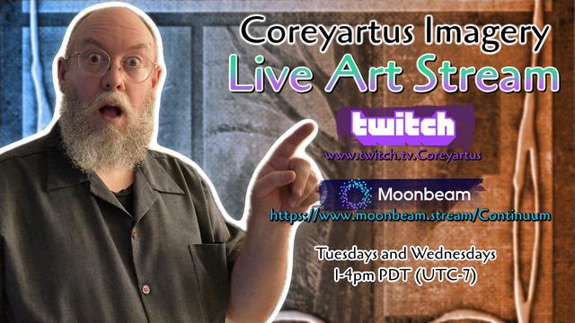 Promotional pic for livestream dates and times with URLs. Features the startled face of a balding man, pointing at the text. An abstract textured background is blurred out.