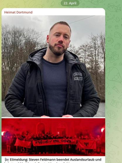Screenshot Telegram-Profil Die Heimat, Bild Steven Feldmann, Text darunter: Steven Feldmann beendet Auslandsurlaub