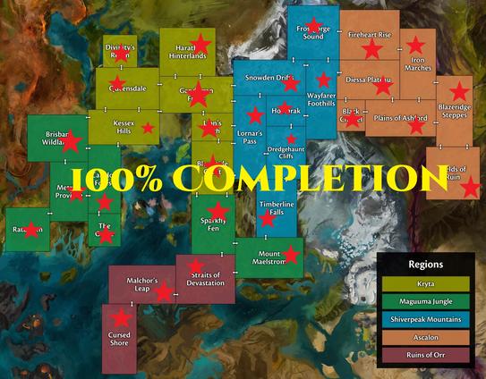 Map of central Tyria, divided into zones and regions, with red stars on all zones and 100% completion on top of the graphic.