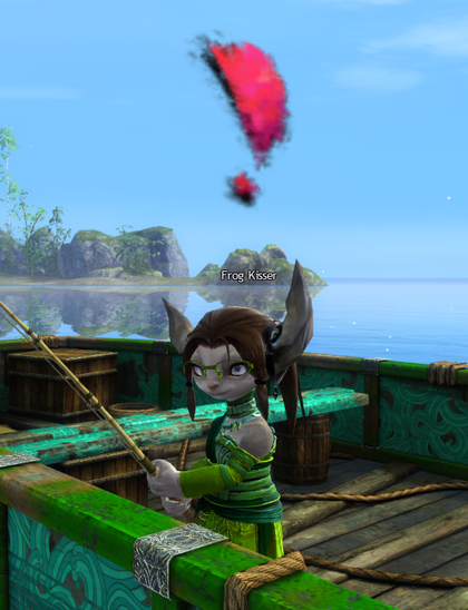 An asura fishing, her ears are pointing straight up and she has a big red exclamation point over her head.