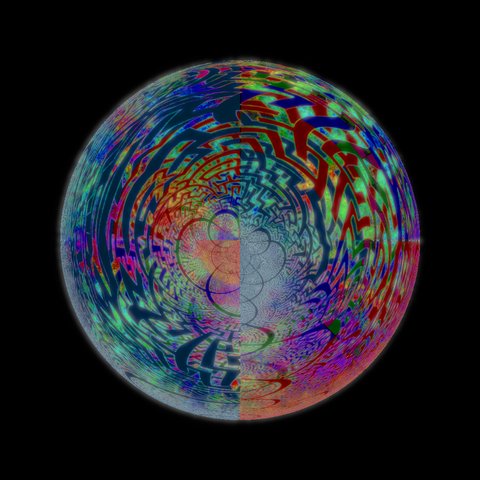 Glowing sphere against a black background, with an intricate multicolor maze on/inside the sphere that gets increasingly smaller and repeats to infinity as it gets into the center of the sphere