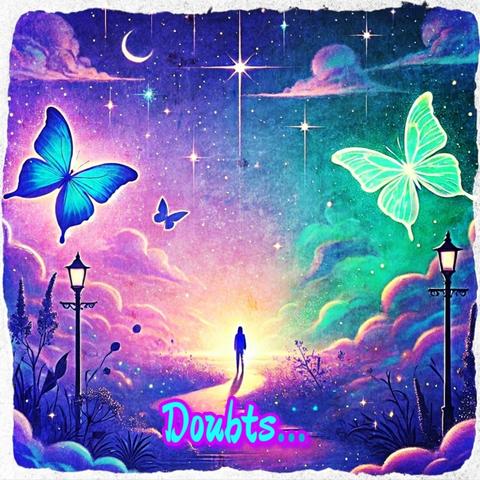 A digital fantasy-style artwork depicts a dreamlike scene set in a twilight or dusk setting. The background consists of a colorful sky blending deep blues, purples, and soft pinks with twinkling stars, a crescent moon, and glowing clouds. A glowing pathway stretches toward a radiant light at the horizon, where a solitary silhouetted figure is walking, seemingly towards an unknown destination. Two ornate lampposts stand on either side of the path, casting a gentle glow. Surrounding the path, there are lush, whimsical plants and flowers that appear illuminated by the ambient light. Large, ethereal butterflies, one blue and the other green, float through the scene, their wings glowing with an almost magical luminescence. The word "Doubts..." is written in bold, neon pink cursive at the bottom, adding a reflective or introspective tone to the composition. The overall atmosphere of the artwork conveys a sense of wonder, mystery, and introspection.