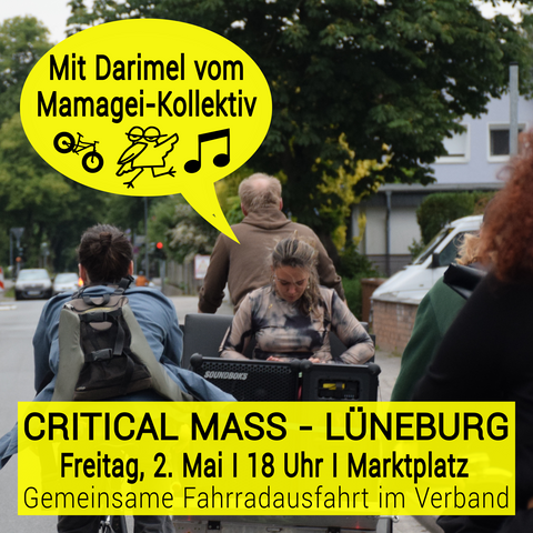 Sharepic: Man sieht Fahrradfahrende von hinten. Eine Frau sitzt andersherum vor einer Musikbox. Alle Eckdaten in schwarm auf gelbem Hintergrund.