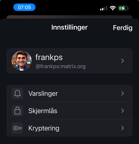 Skjermbilde av innstillinger på norsk bokmål i Element X