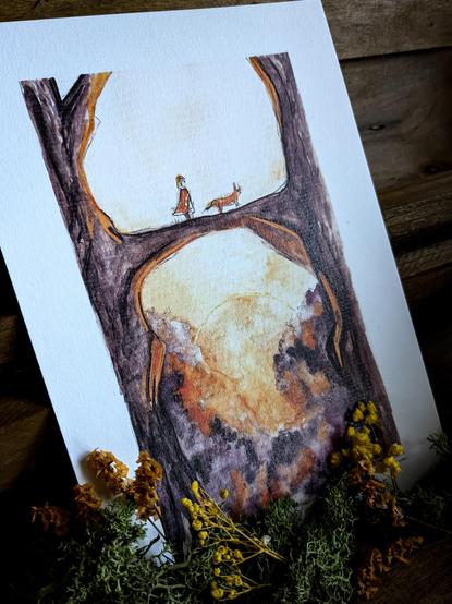 Aquarelle paysage d'une forêt dans les teintes oranges et violets. Deux arbres de part et d'autre qui forment une passerelle sur laquelle deux personnages marche : un•e humain•e et un renard. Au fond, le soleil se lève derrière une masse végétale violette et orange.