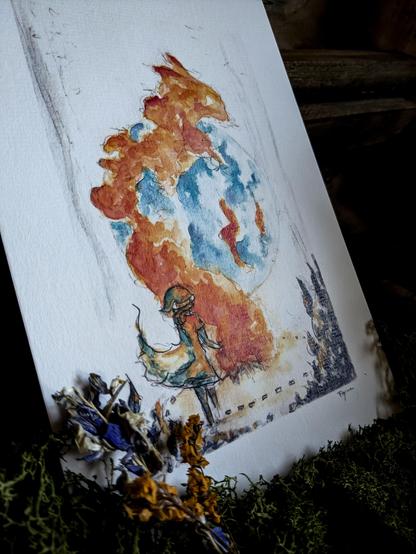 Aquarelle. Un personnage de dos au premier plan. Derrière, un feu dont les flammes s'élèvent et créent une forme s'apparentant à un renard. Au dernier plan, la lune bleue.
