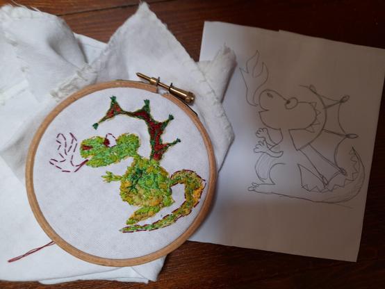 The work in progress: stitching the fire. Behind lays my drawing of a cute cartoon-like dragon.