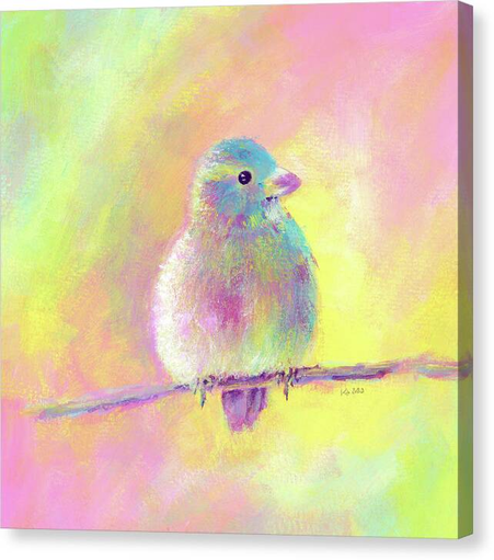Sweet bird is an acrylic painting in contemporary square format painted by artist Karen Kaspar. A cute little bird is sitting on a branch and is looking to the right side. The bird seems to be smiling.
The inspiration for this bird portrait was a female house sparrow sitting in a bush in our garden. But I was in the mood for some soft candy pastel colors. So it became a fantasy bird in colorful shades of teal, yellow and pink. The abstract background echoes these colors.