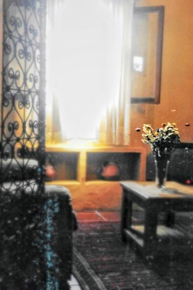 A photo of the interior of a house, a. Metal grid with a sofa behind on the left side, a bright, open window in the center and a small table with flowers in a vase on the bottom right of the photo.