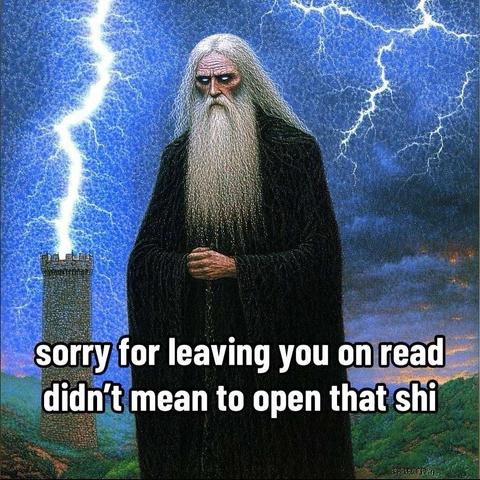 a rasputin looking mf with long gray hair and beard and creepy eyes is wearing a black wizard robe and standing in front of a lightning filled sky