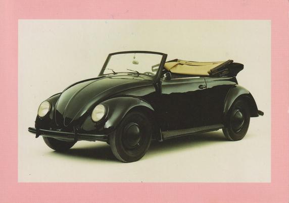 Image side of a postcard with a VW Beetle Cabriolet in black on it.
It's the Volkswagen convertible type 60 ("KdF"), 1939, 985 cc, 24hp, 100 km/h.