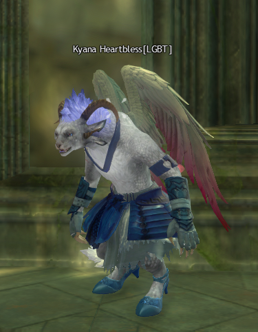 The charr bladesworn Kyana Heartbless, named after the mineral gemstone kyanite.