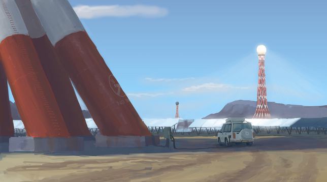 A panorama of a solar farm located in a desert, with huge white-and-red towers being warmed by solar rays from enormous arrays of mirrors. Just at the base of one of such towers an electric car is being charged.