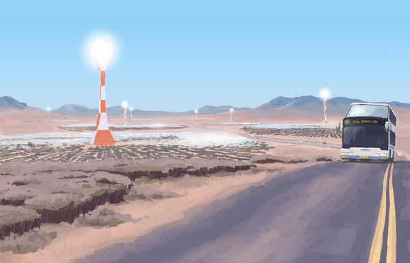 A panorama of several solar farms located in a desert, with huge white-and-red towers being warmed by solar rays from enormous arrays of mirrors. We can see a bus driving between them.