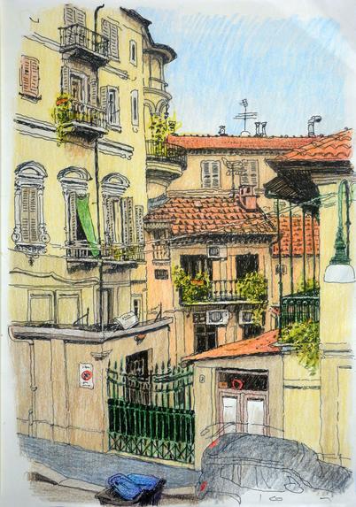 Drawing of a street in Turin, Italy.