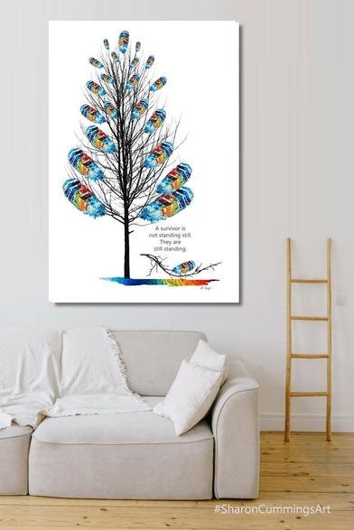 Colorful feather tree with a branch broken off and the words "A survivor is not standing still.  They are still standing."  art and poetry by artist Sharon Cummings.