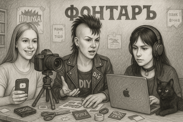 "Illustration on the cover of FontarЪ №15 (2008) — punk girl with mohawk and gas mask, drawn in raw DIY style."
