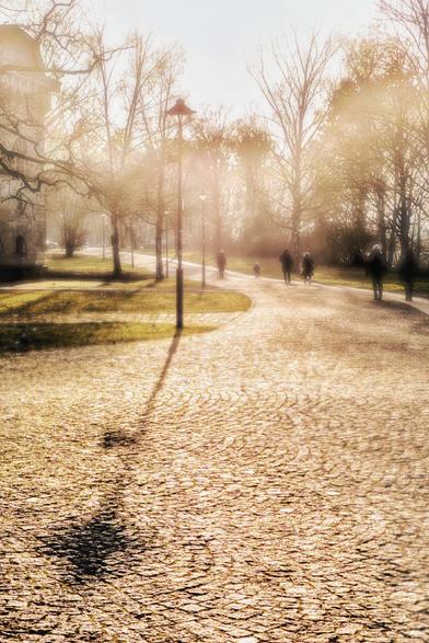 Gepflasterter Weg in einem Park bei tiefstehender Sonne, mit einer Laterne im Vordergrund und Spaziergängern im Hintergrund.
