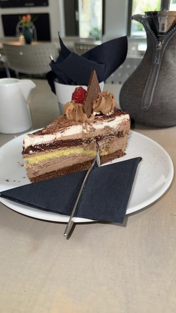 Ein Stück geschichteter Schokoladenkuchen auf einem weißen Teller, garniert mit einer Himbeere, Schokoladenverzierungen und einer Gabel. Eine dunkle Serviette liegt unter der Torte. Im Hintergrund befinden sich dekorative Elemente und ein Servierkrug.