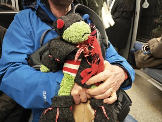 Joschka auf dem Schoß vom Menschy in der Metro