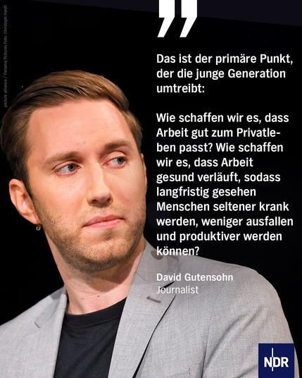 Bild: Ein blonder junger Mann blickt weit nach links.

Text: "Das ist der primäre Punkt, der die junge Generation umtreibt:
Wie schaffen wir es, dass Arbeit gut zum Privatleben passt? Wie schaffen wir es, dass Arbeit gesund verläuft, sodass langfristig gesehen Menschen seltener krank werden, weniger ausfallen und produktiver werden können?"

David Gutensohn
Journalist