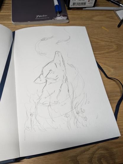 Croquis au crayon de papier d'un renard la tête levée vers le ciel.