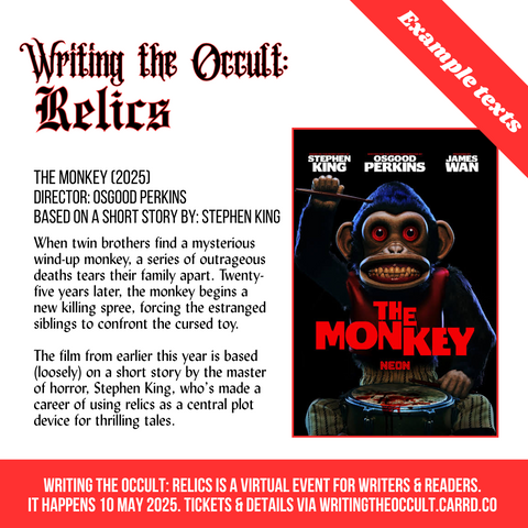 A text-heavy graphic features the same text as in the threaded posts. It also features a poster for the film The Monkey, which has a toy drumming monkey with one fist raised.