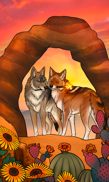 Digital art of two coyotes standing under a sandstone arch. Their eyes are closed and both look happy and content. They are holding onto the same torch in their mouths. It's sunset In the foreground there are blooming cacti and sunflowers.