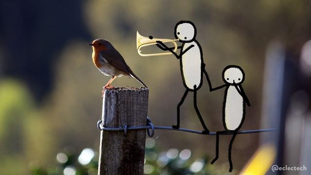 A photo of a European robin standing in profile on a wooden fence post. It is in profile, looking to the left, the sun shining bright on its front. The background is blurred greens and gold, glittering slightly in the sun. The fence post has a wire fence running from it to the left. On that are two simple drawn figures. One sits, looking to camera, finger to its mouth in a "shush" gesture. Their other hand helps support their friend, who stands on the wire, about to blow a brass bugle just behind the robin's head.